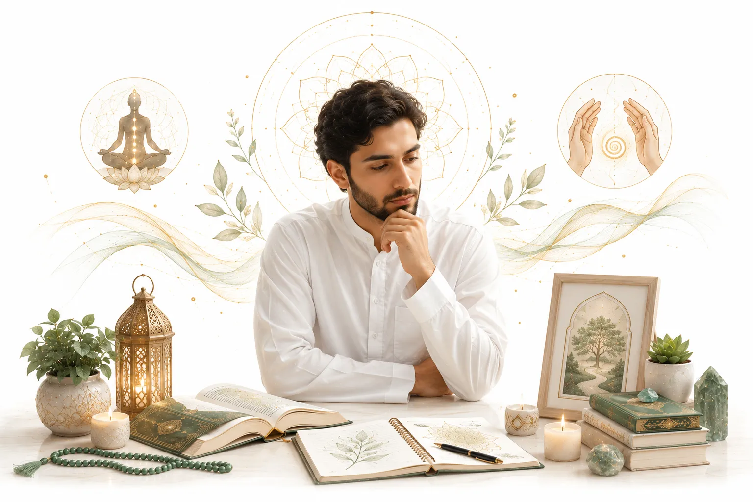 A crescent moon and star alongside gentle healing hands, representing Islam and Reiki