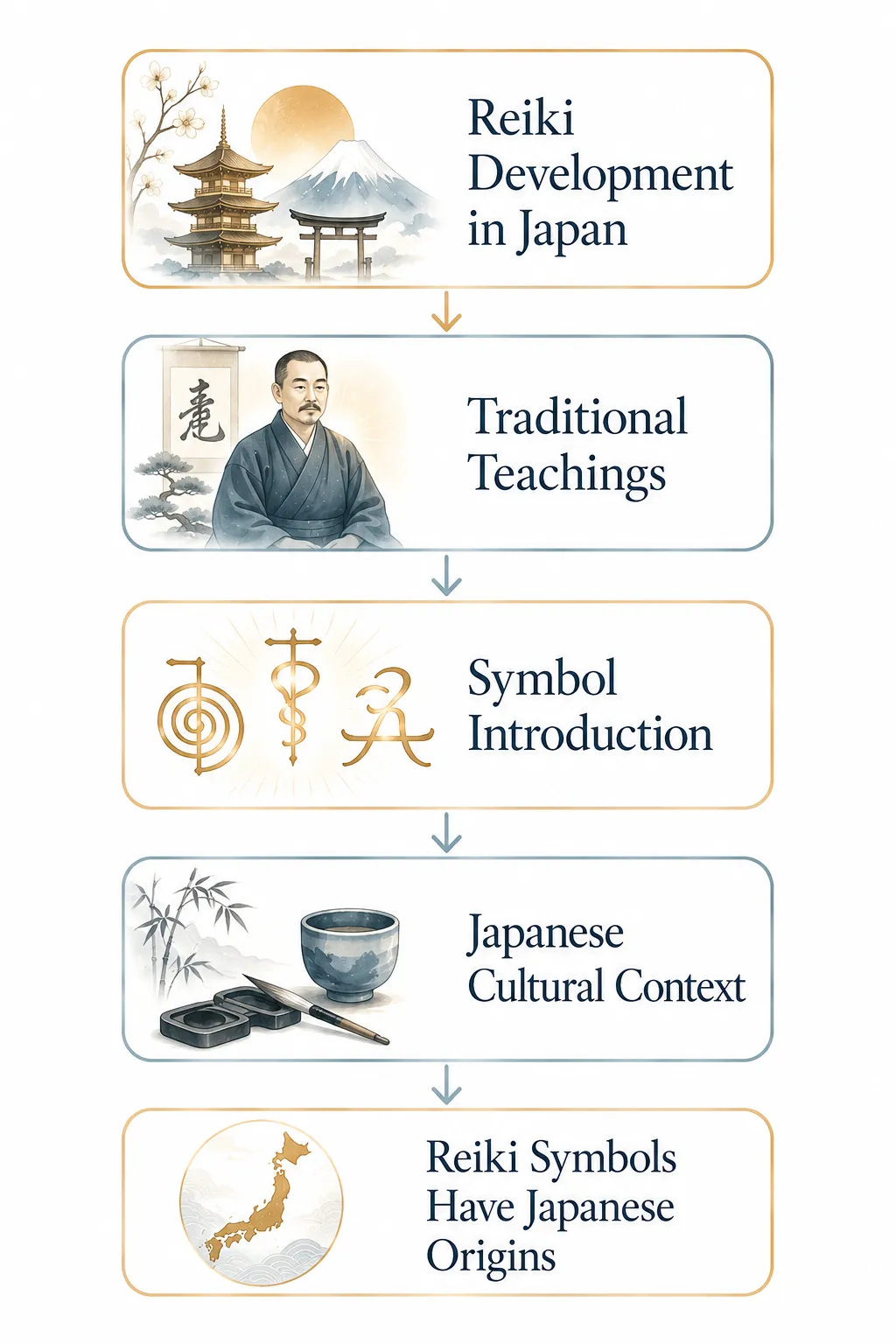 Diagram showing Japanese flag, Japanese script, and Reiki symbols