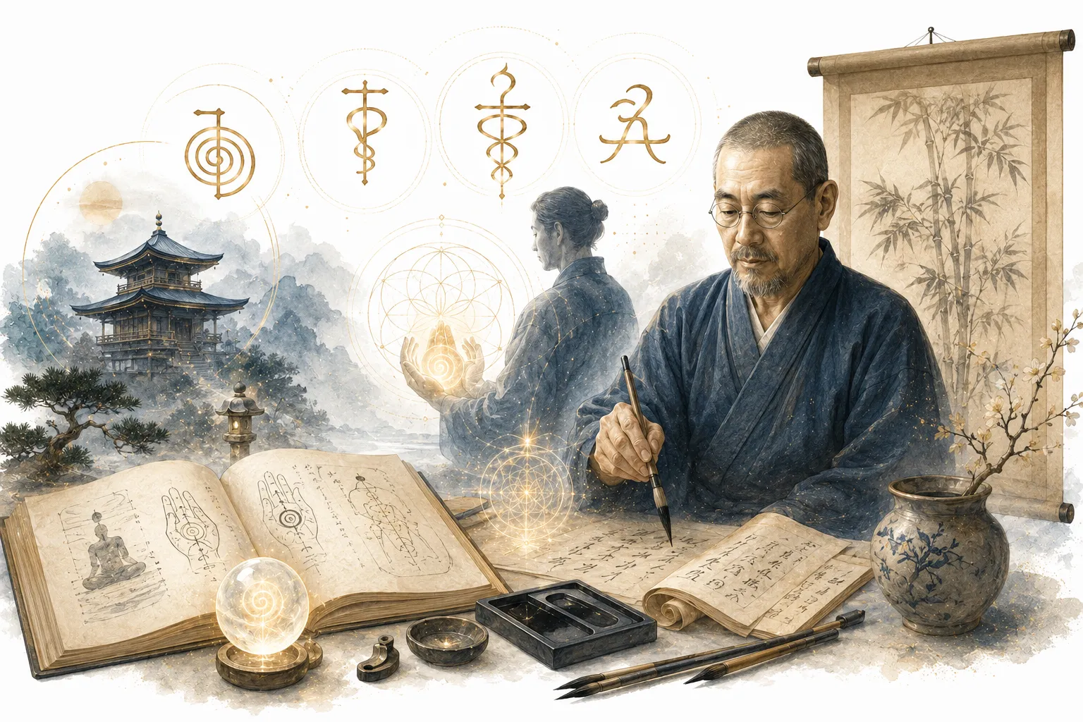 Reiki symbols drawn in Japanese calligraphy style with Japanese cultural elements