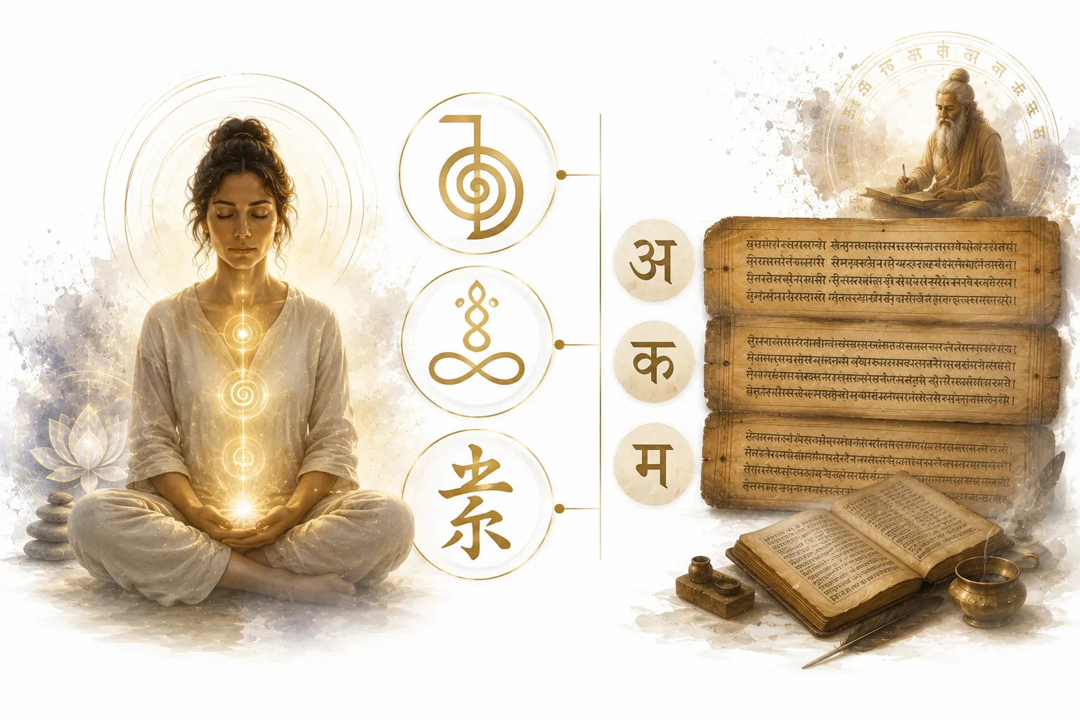 Comparison of Sanskrit, Siddham, and Reiki symbols showing influences