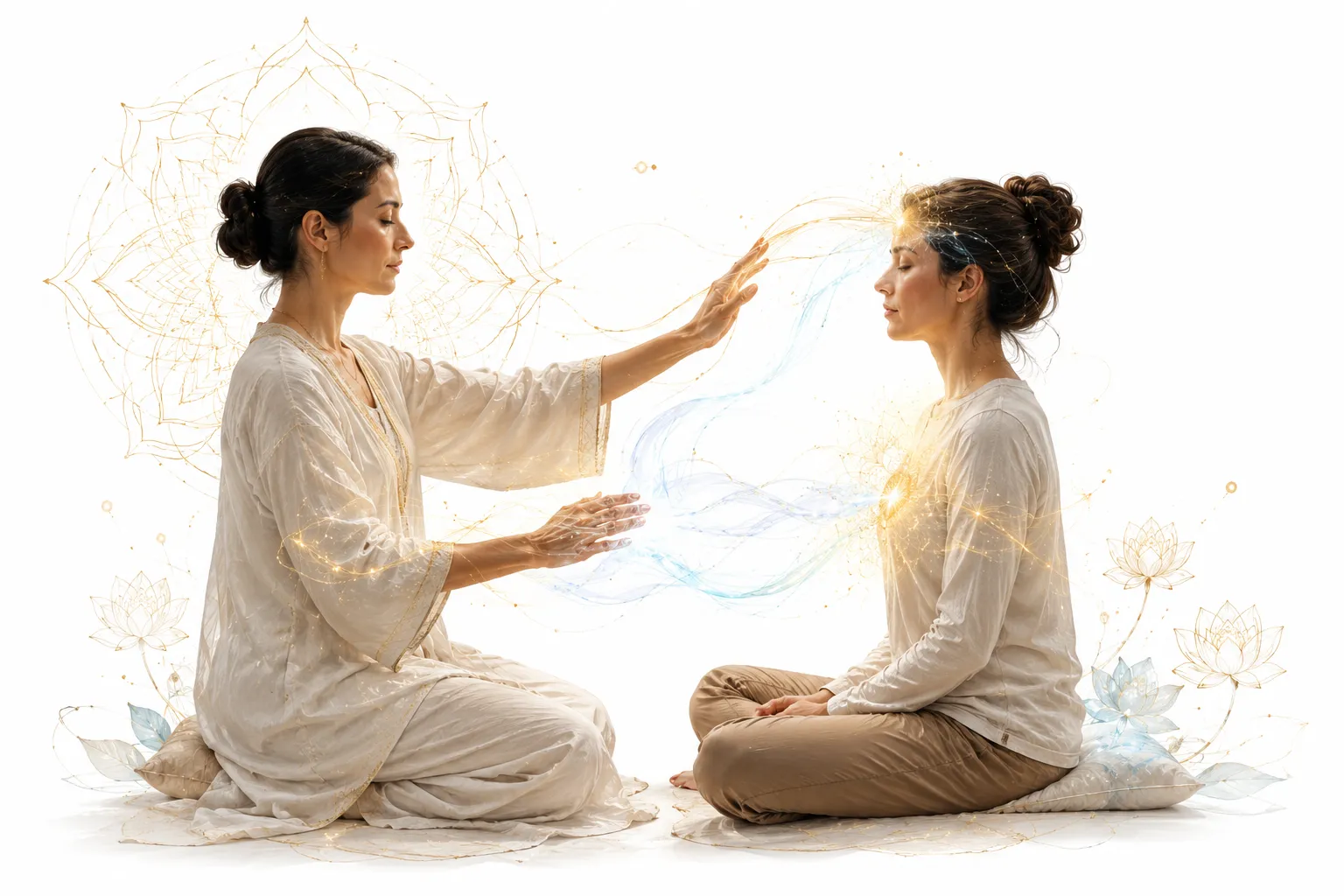 Practitioner's hands with glowing energy lines near a client's body