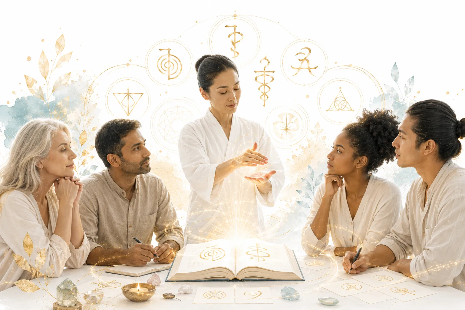 Reiki symbols with an open book and an attunement symbol