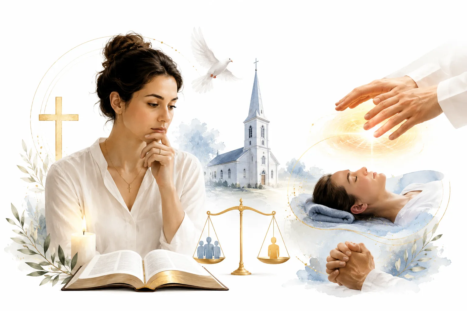 Christian cross with gentle healing hands, representing integration of faith and Reiki