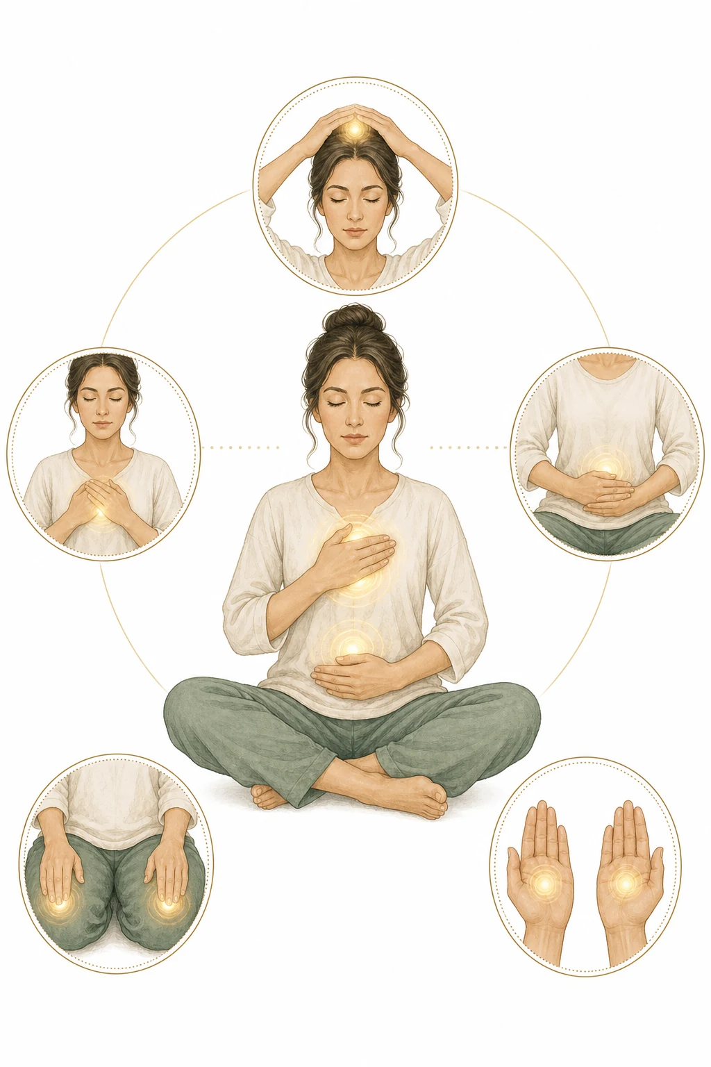 Simple diagram: Head → Chest → Stomach → Legs, with hand positions