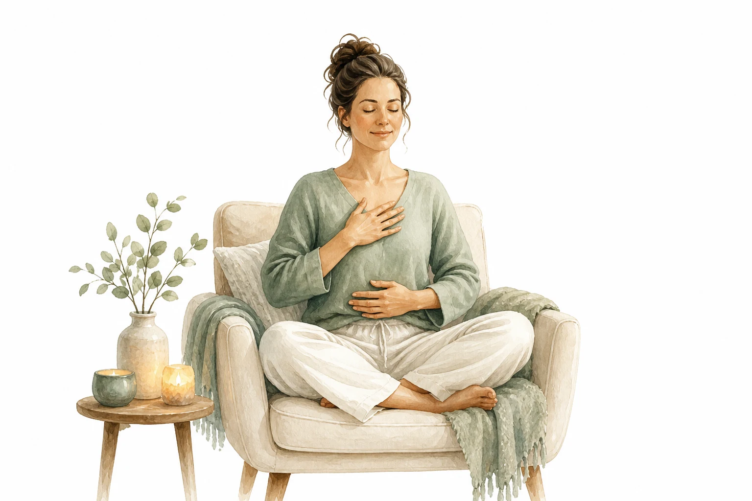 A person practicing self-Reiki with hands gently placed on their body