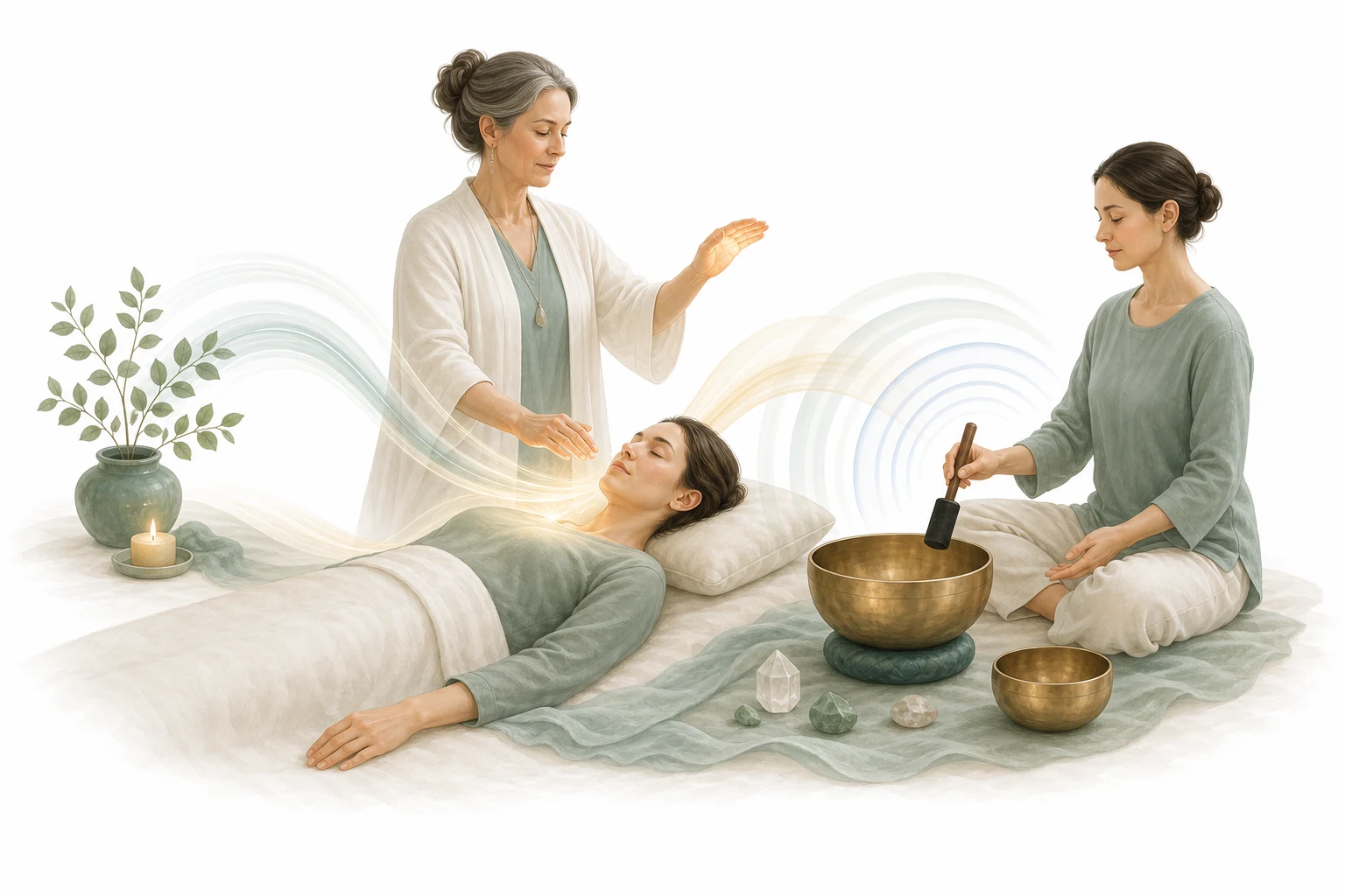 Reiki hands and sound healing instruments together