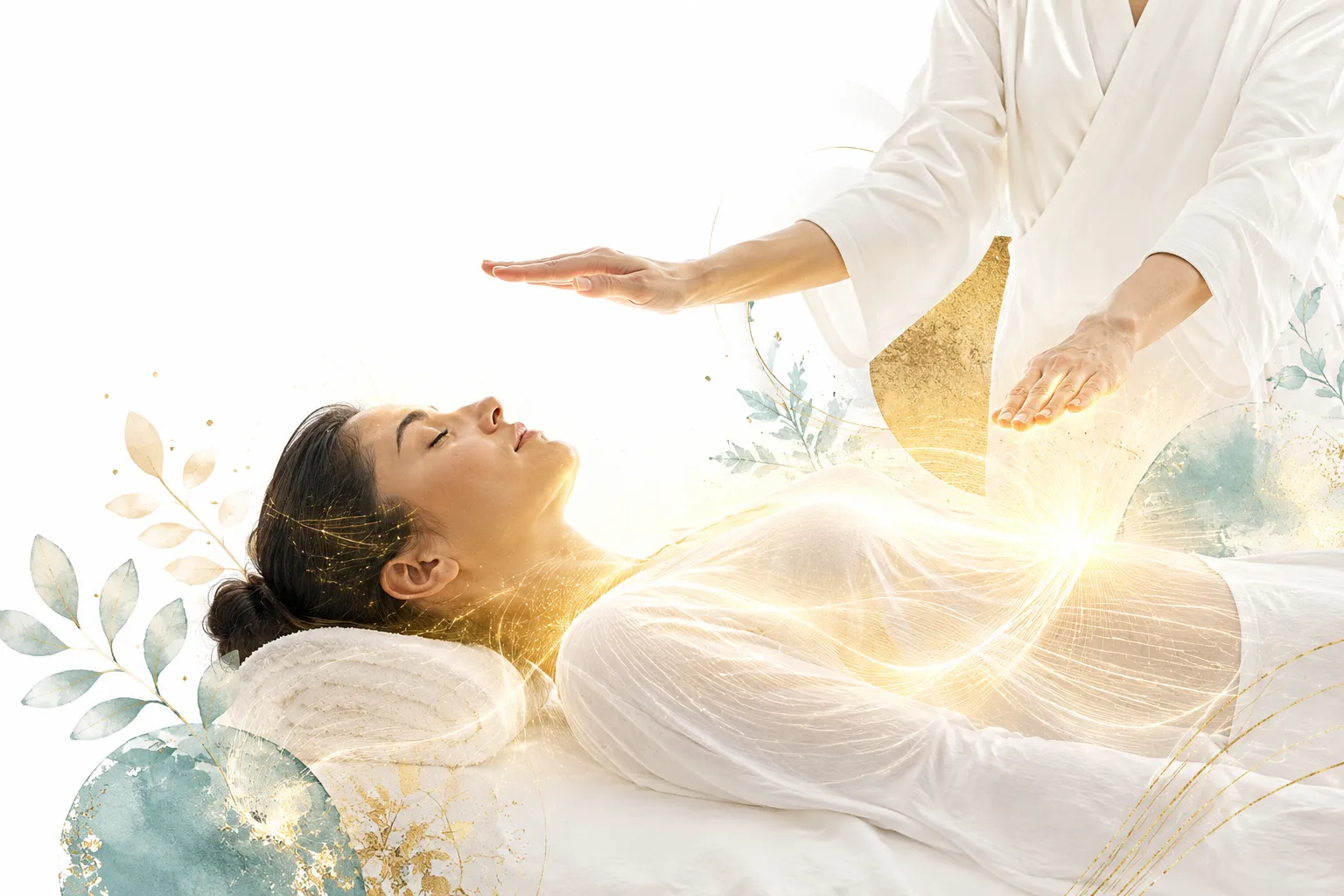 Person radiating gentle energy, looking refreshed and vital after Reiki