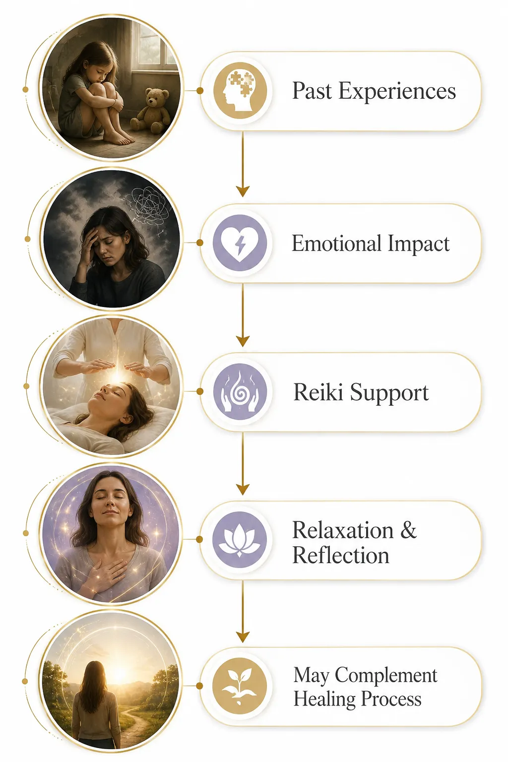 Flow diagram: Trauma therapy processes memories, Reiki calms nervous system, together they support healing