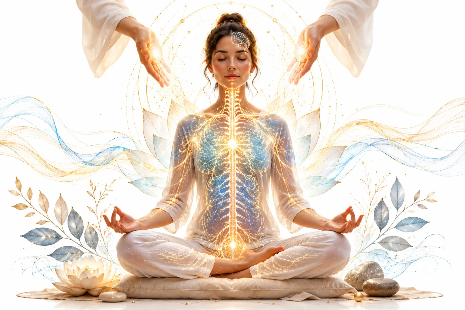 Calming neural pathway illustration with gentle hands, representing nervous system regulation