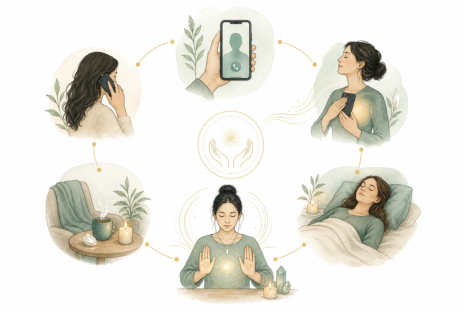 Flow diagram: Practitioner to phone to recipient with energy flowing