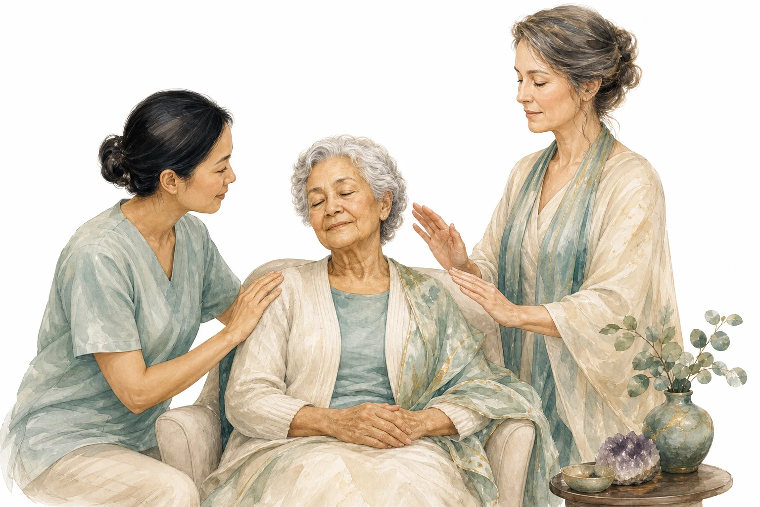 A gentle Reiki session with an elderly person, providing comfort and peace