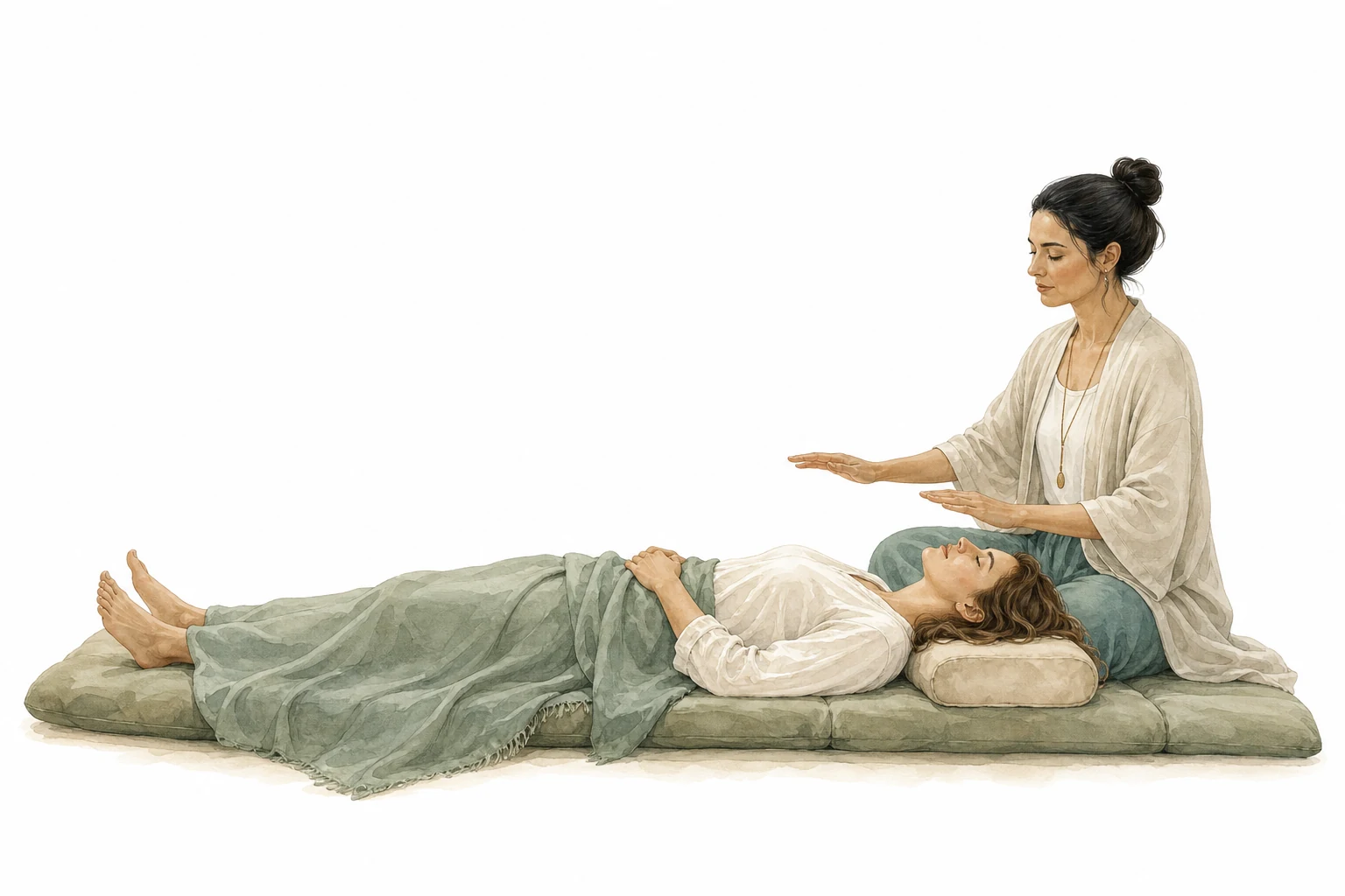 Calm person with hands on chest, peaceful expression, representing anxiety relief