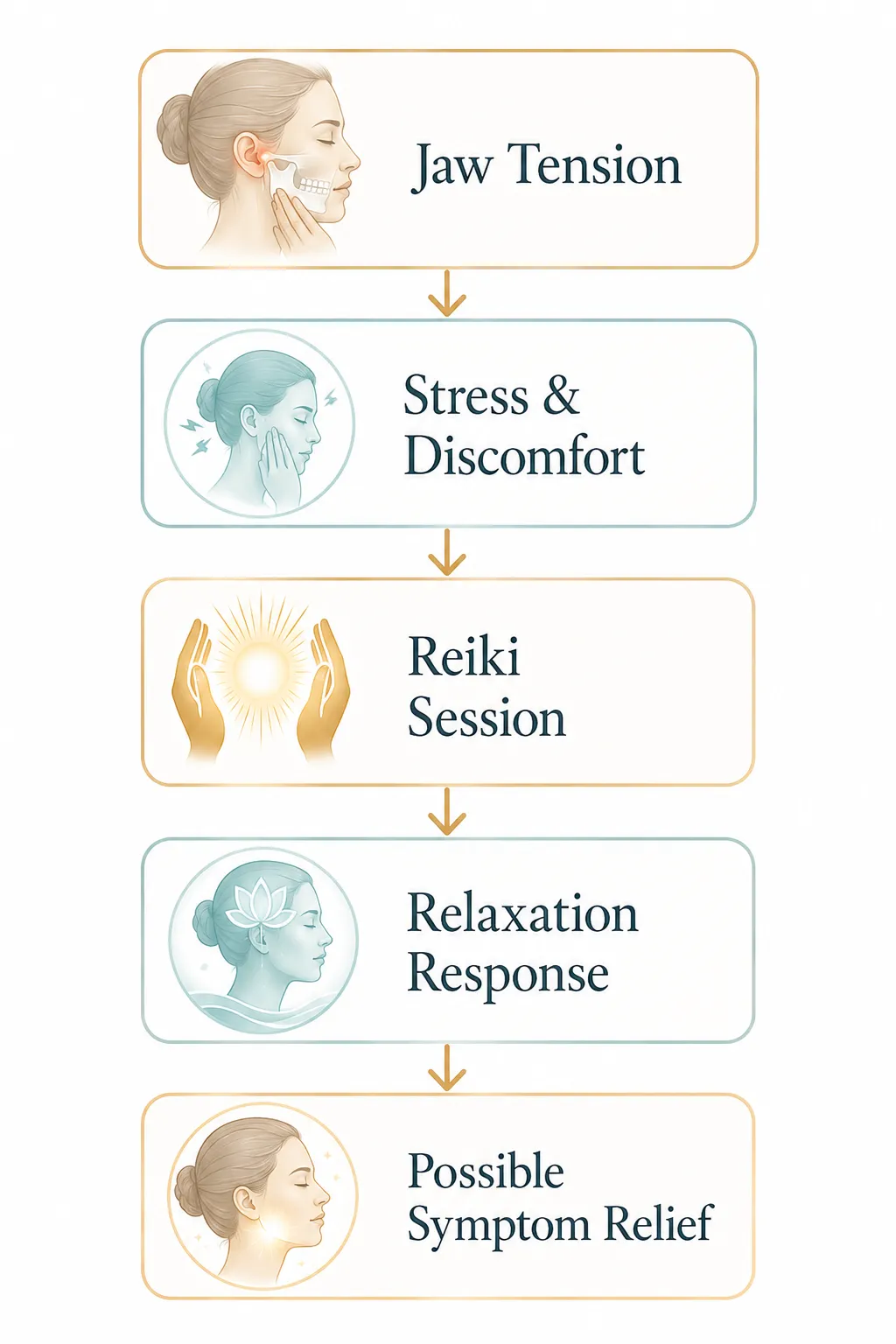 Flow diagram: Stress to jaw tension to TMJ, Reiki to relaxation to reduced tension