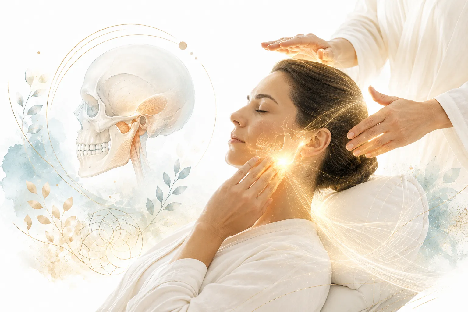 Gentle hands near the jaw area with relaxing energy flow