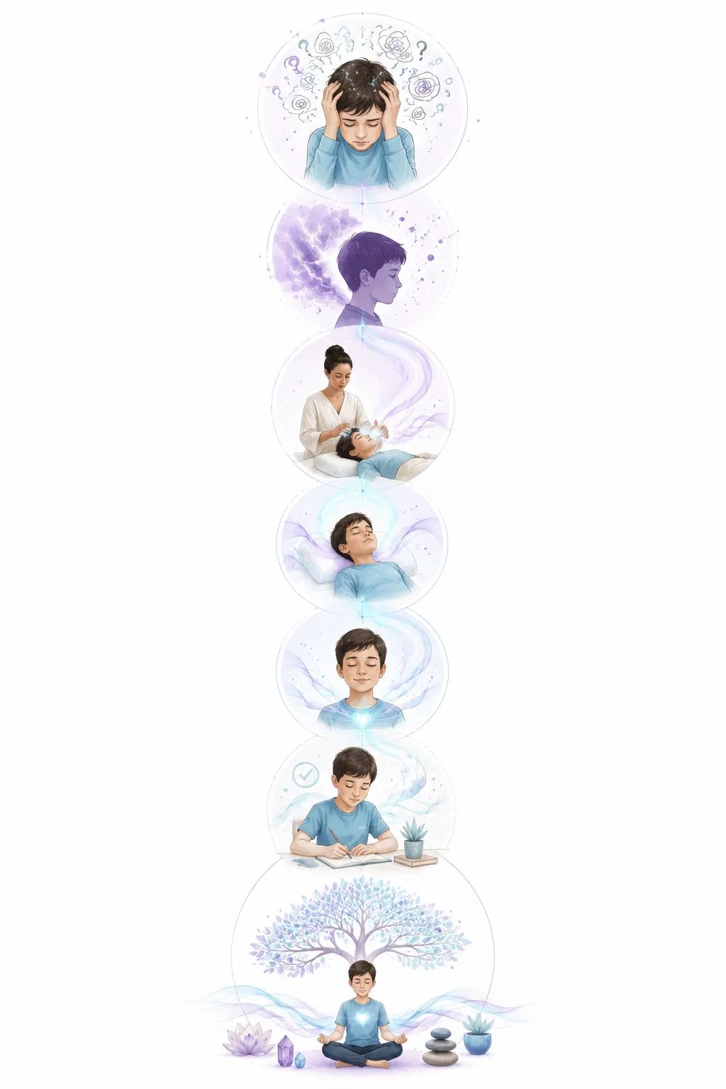 Flow diagram: Reiki to stress reduction to better focus, and Reiki to better sleep to better impulse control