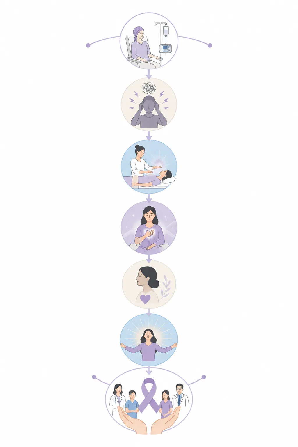 Flow diagram: Reiki to pain reduction, anxiety reduction, fatigue reduction, nausea relief, stress reduction