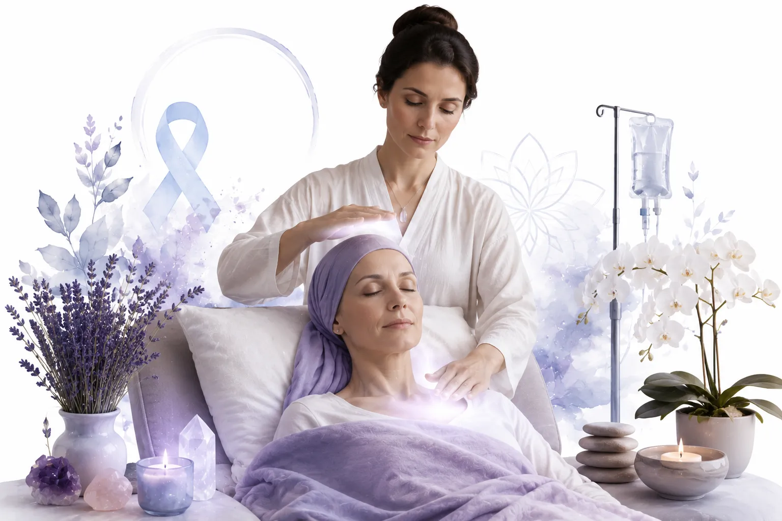 Gentle hands near a cancer patient receiving treatment, compassionate care theme