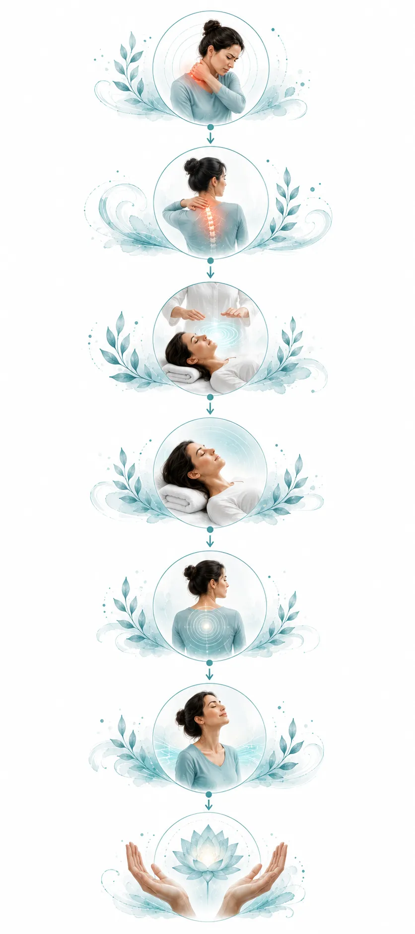 Flow diagram: Reiki to relaxation response to lower stress hormones to reduced pain perception