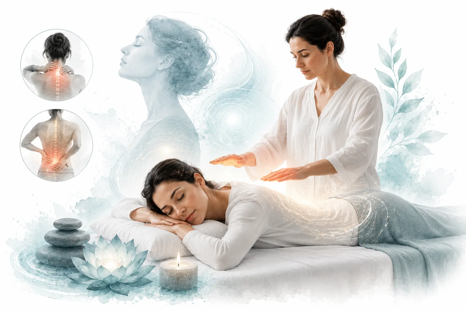 Gentle hands near a person's back with soft light, representing chronic pain relief
