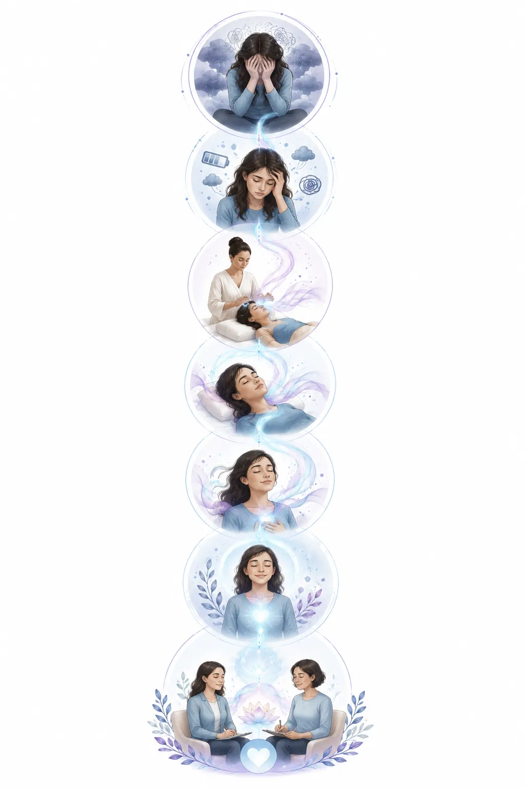 Flow diagram showing Reiki to stress reduction to better sleep to improved mood