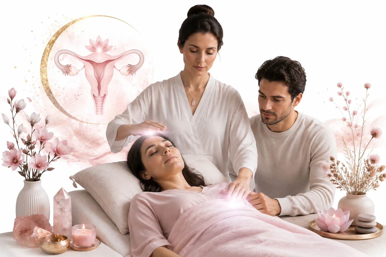 Gentle hands near a woman's lower abdomen, soft warm light, representing fertility support