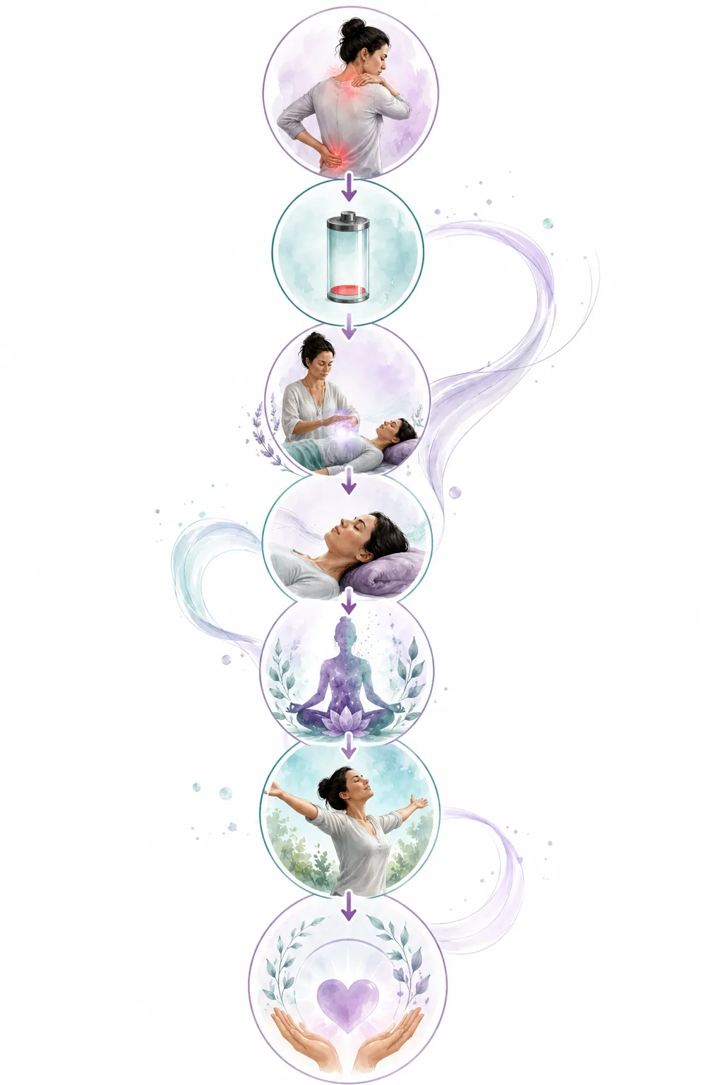 Flow diagram: Reiki to pain reduction, better sleep, less fatigue, less stress