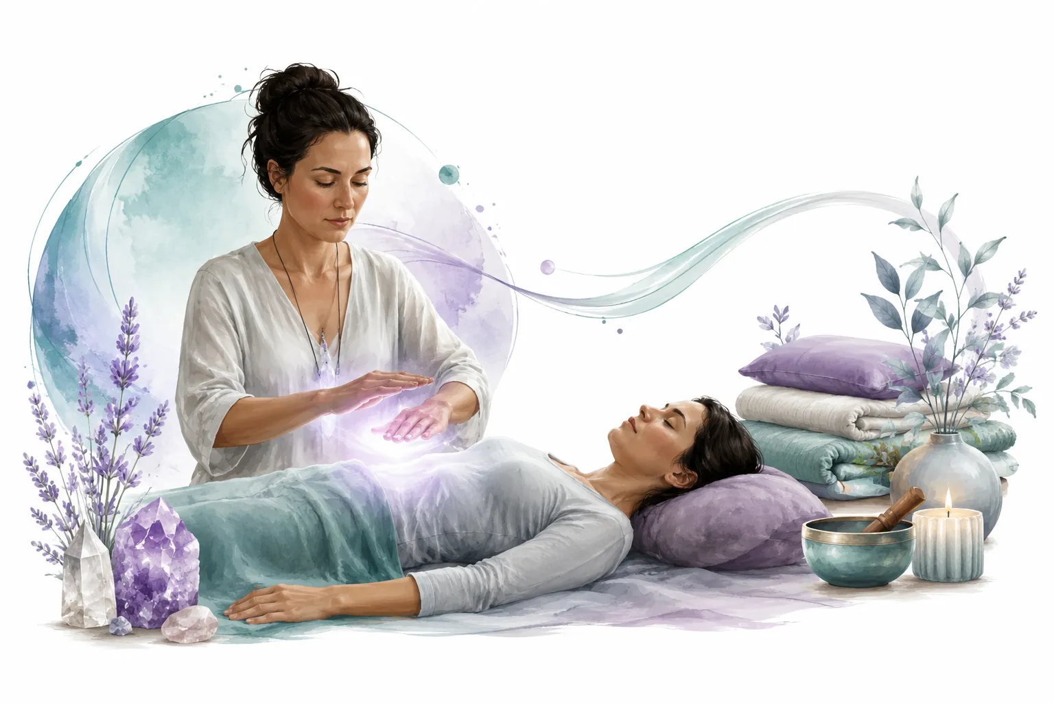 Gentle hands near a person with soft light, representing relief from widespread pain