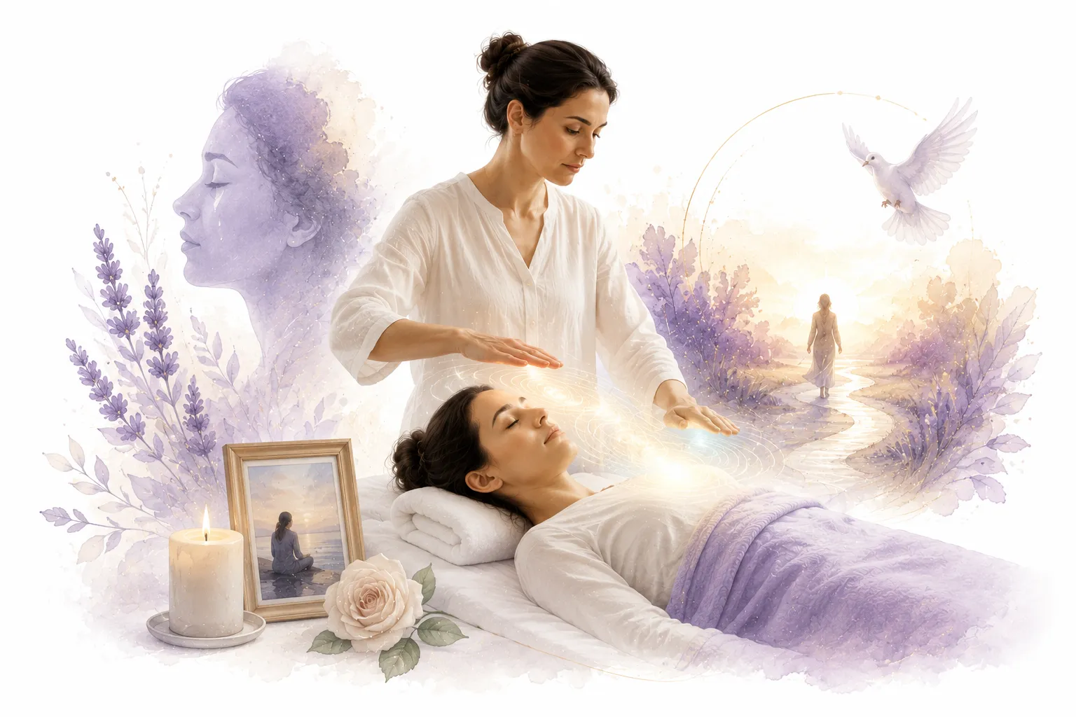 Gentle hands near a person's heart with soft light, representing comfort and healing for grief