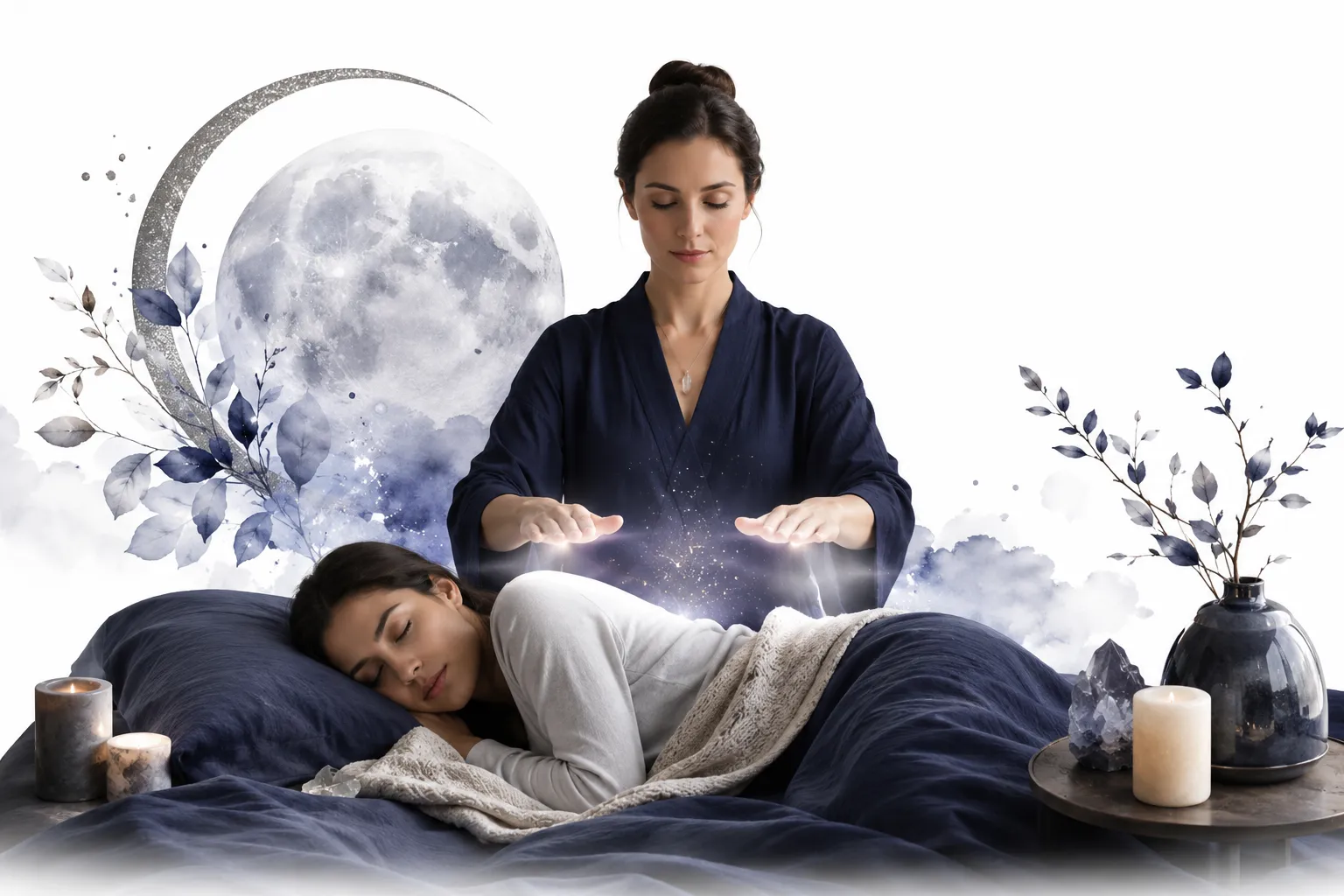 Person sleeping peacefully after Reiki, moon and stars representing good sleep
