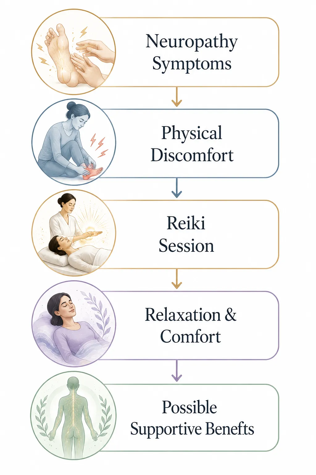 Flow diagram: Reiki to relaxation to reduced pain perception, reduced anxiety, better sleep