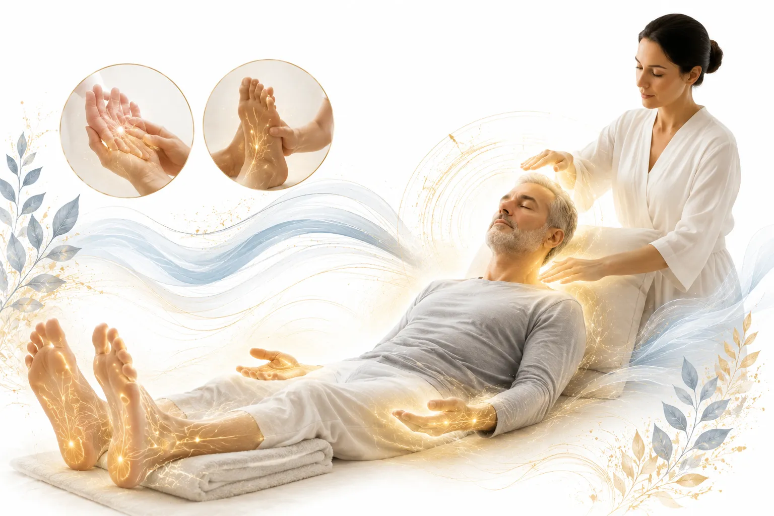 Gentle hands near feet and hands, representing nerve pain relief
