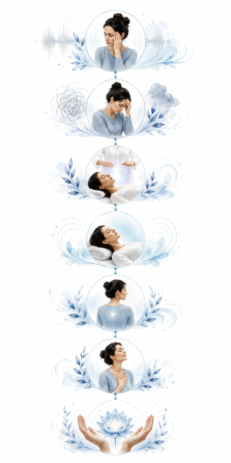 Cycle diagram: Tinnitus to stress to worse tinnitus, with Reiki breaking the cycle