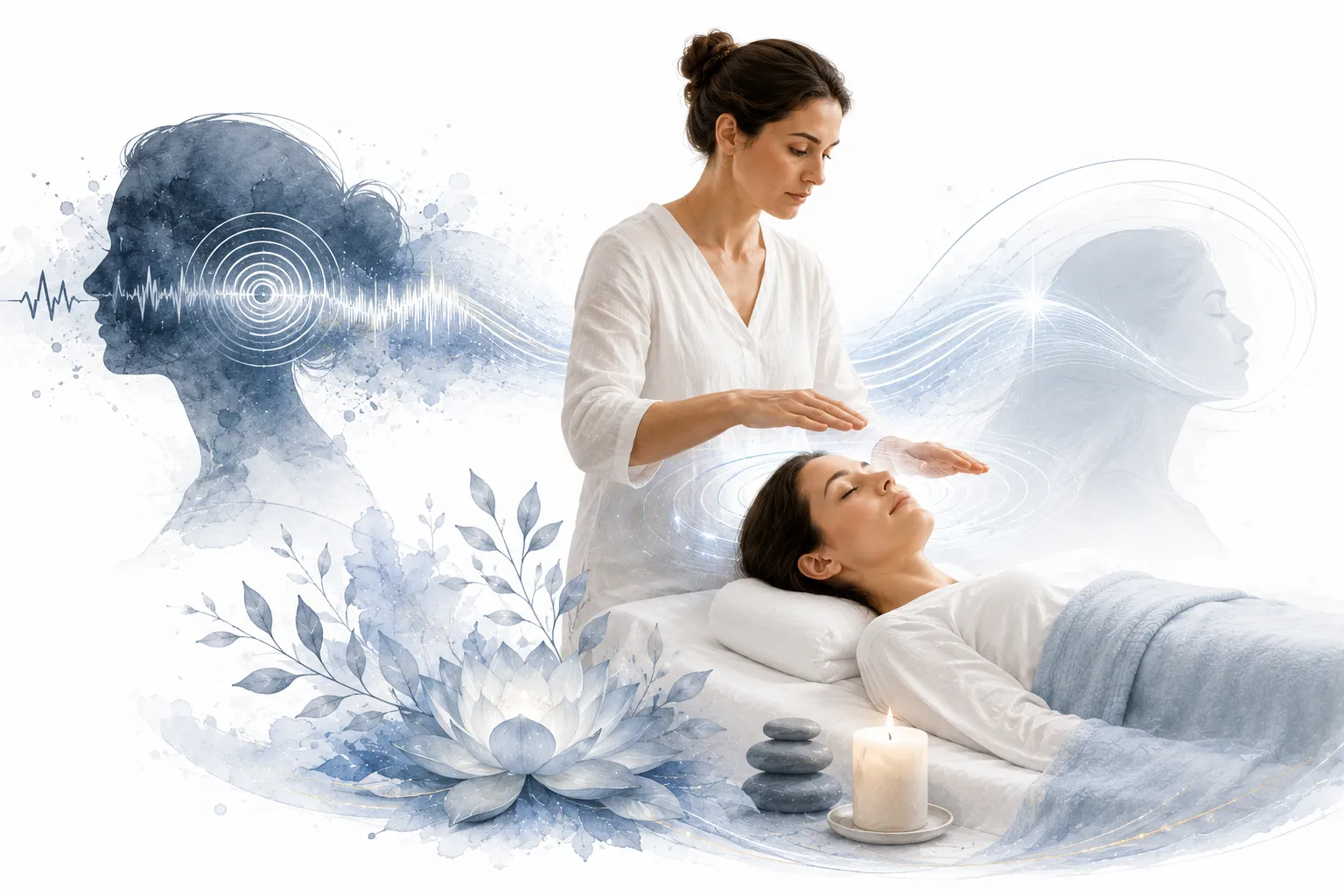 Gentle hands near a person's ears with soft light, representing tinnitus relief