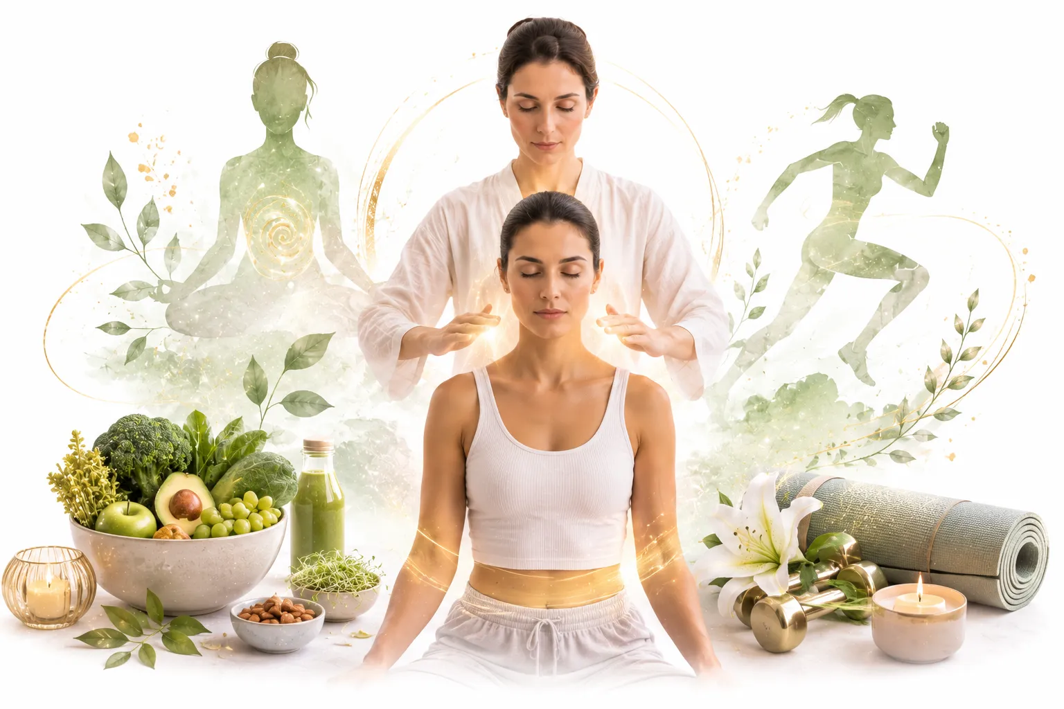 Peaceful person meditating with healthy food nearby, representing stress reduction for weight management