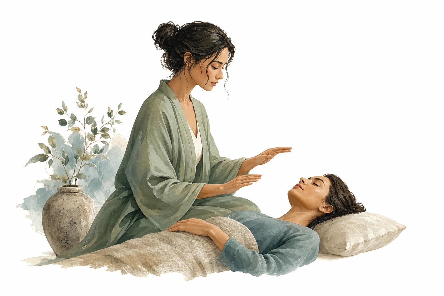 A calm and peaceful person receiving Reiki, feeling stress melt away