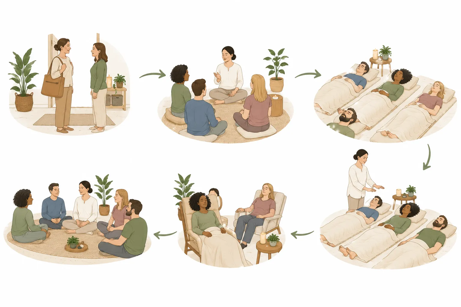 Three-panel diagram: Multiple practitioners to one, one to multiple, group self-Reiki