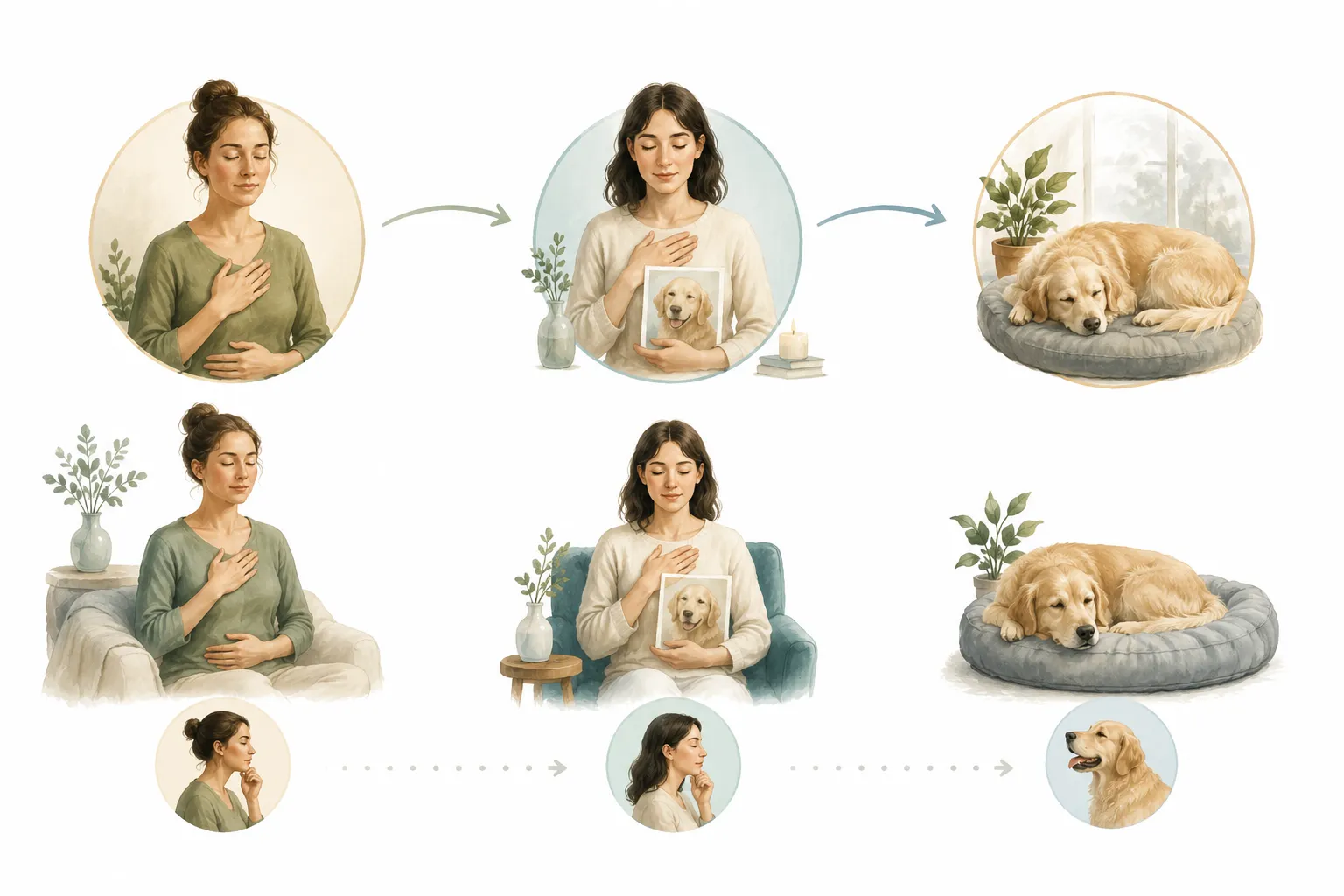 Flow diagram: Practitioner intention to distance symbol to energy flowing to pet