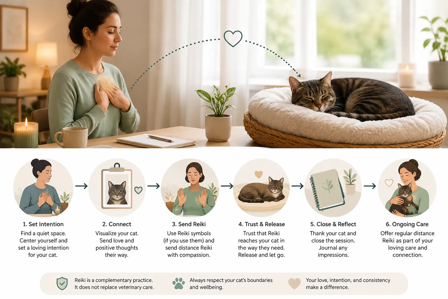 Flow diagram: Practitioner intention to distance symbol to energy flowing to cat