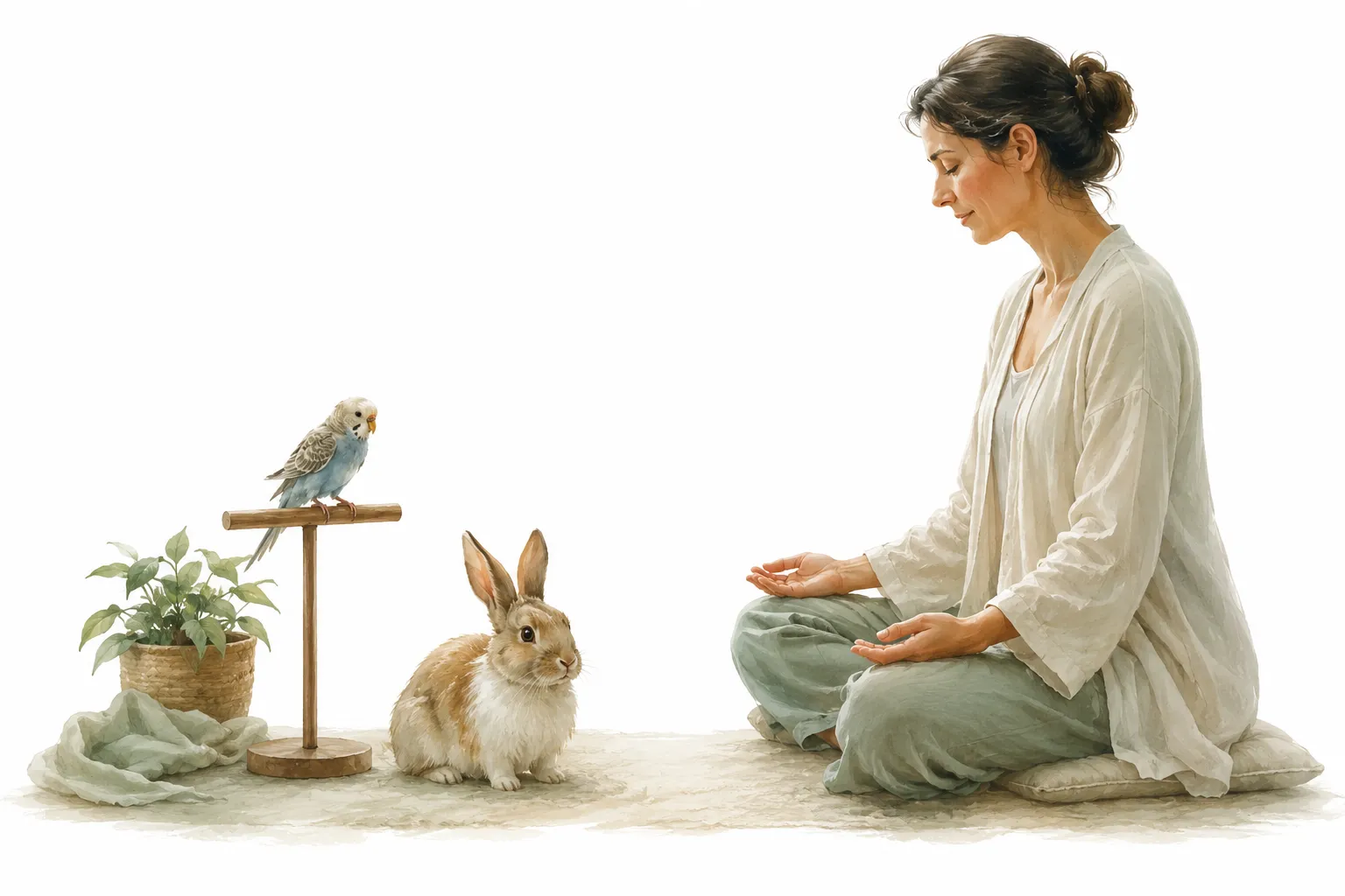 Gentle hands hovering near a small rabbit receiving Reiki