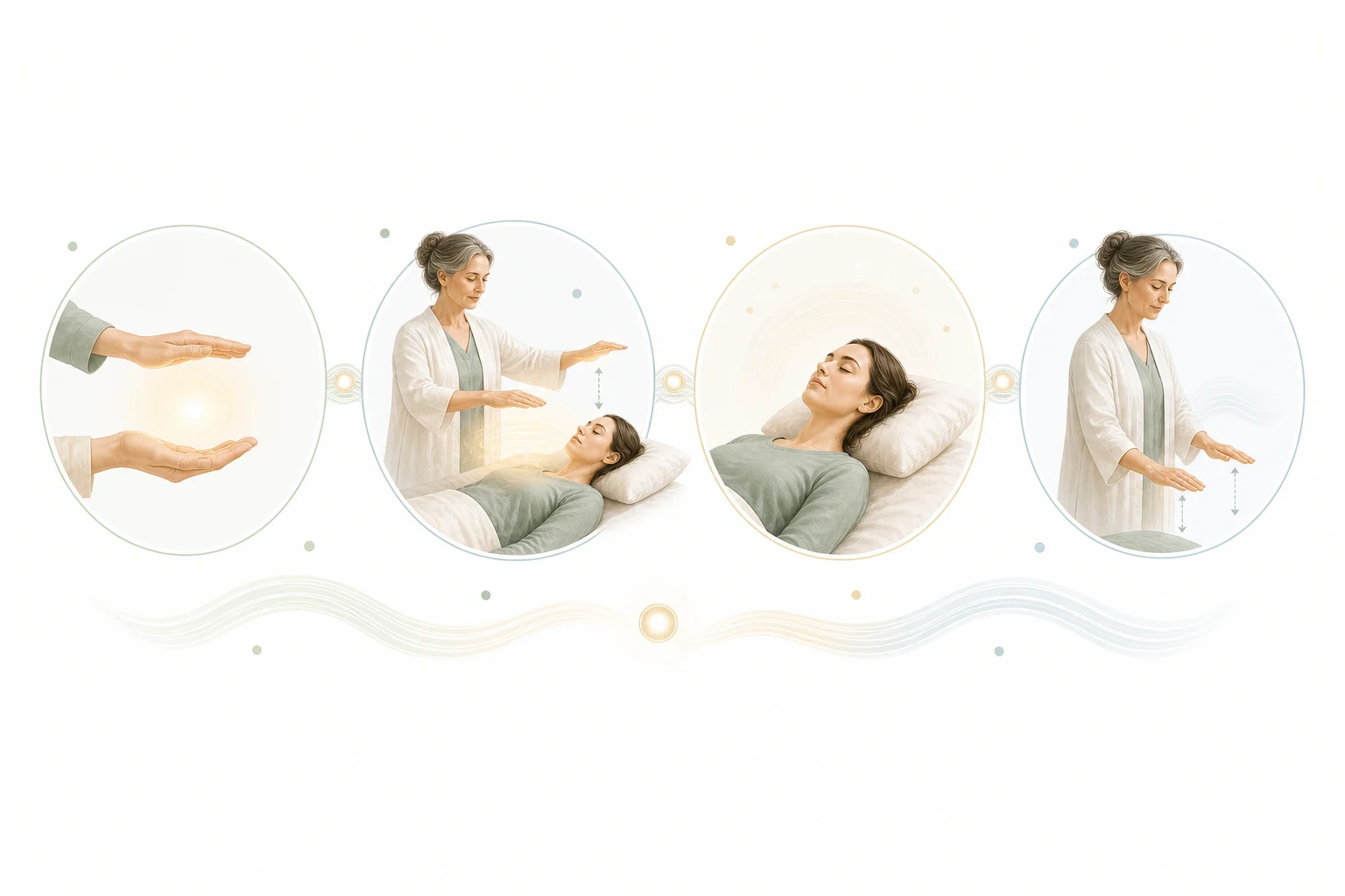 Three-panel diagram: hands-on touch, hands-off hovering, distance healing across space