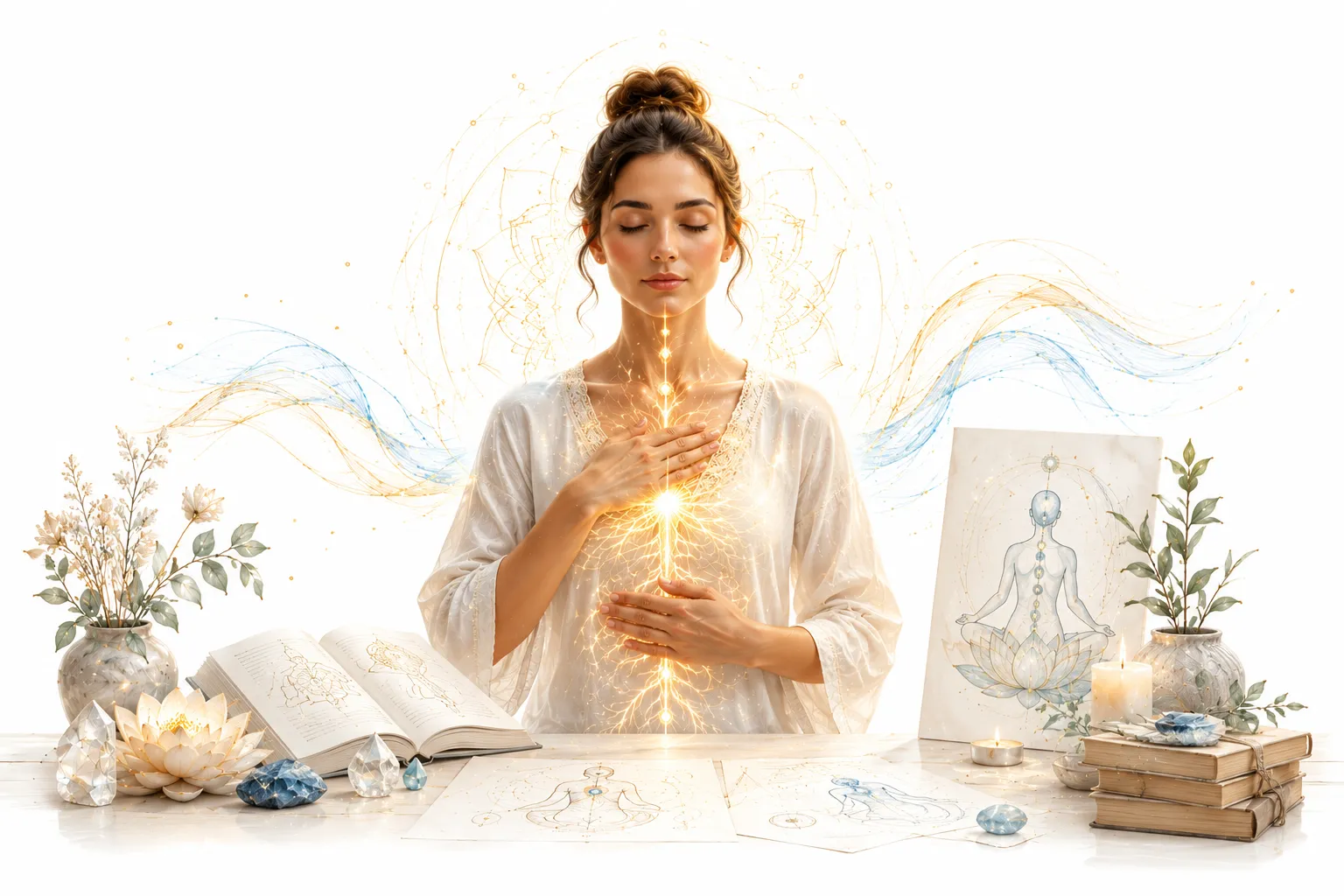Person practicing self-Reiki with hands on their own body