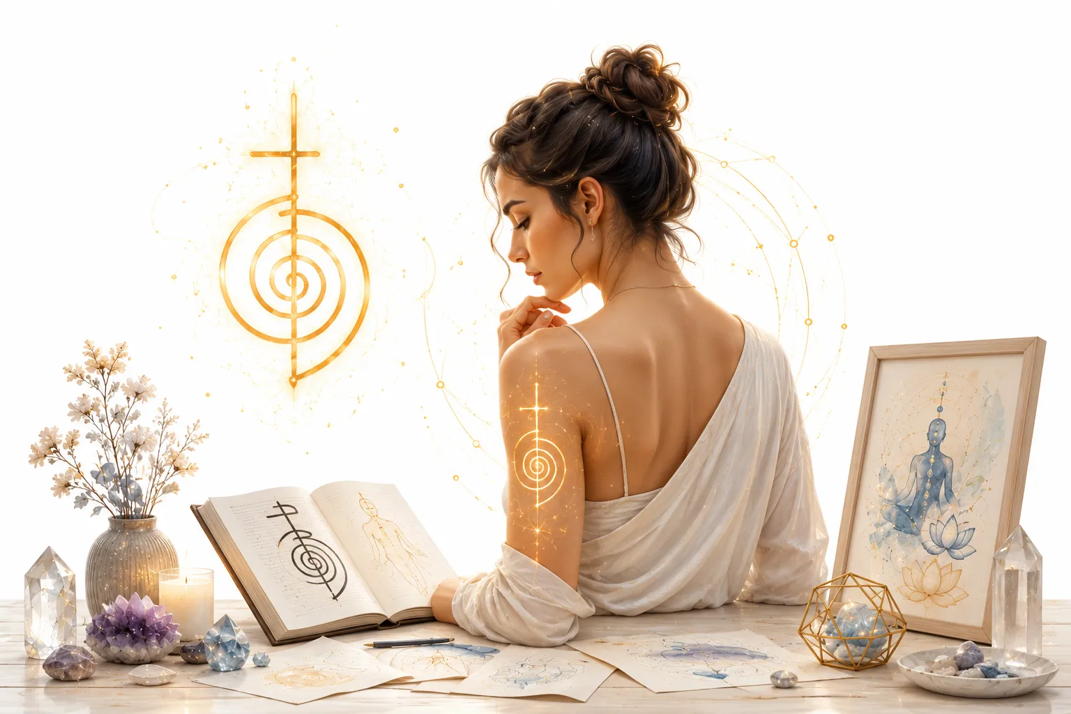 Reiki symbols and a tattoo needle, representing the debate