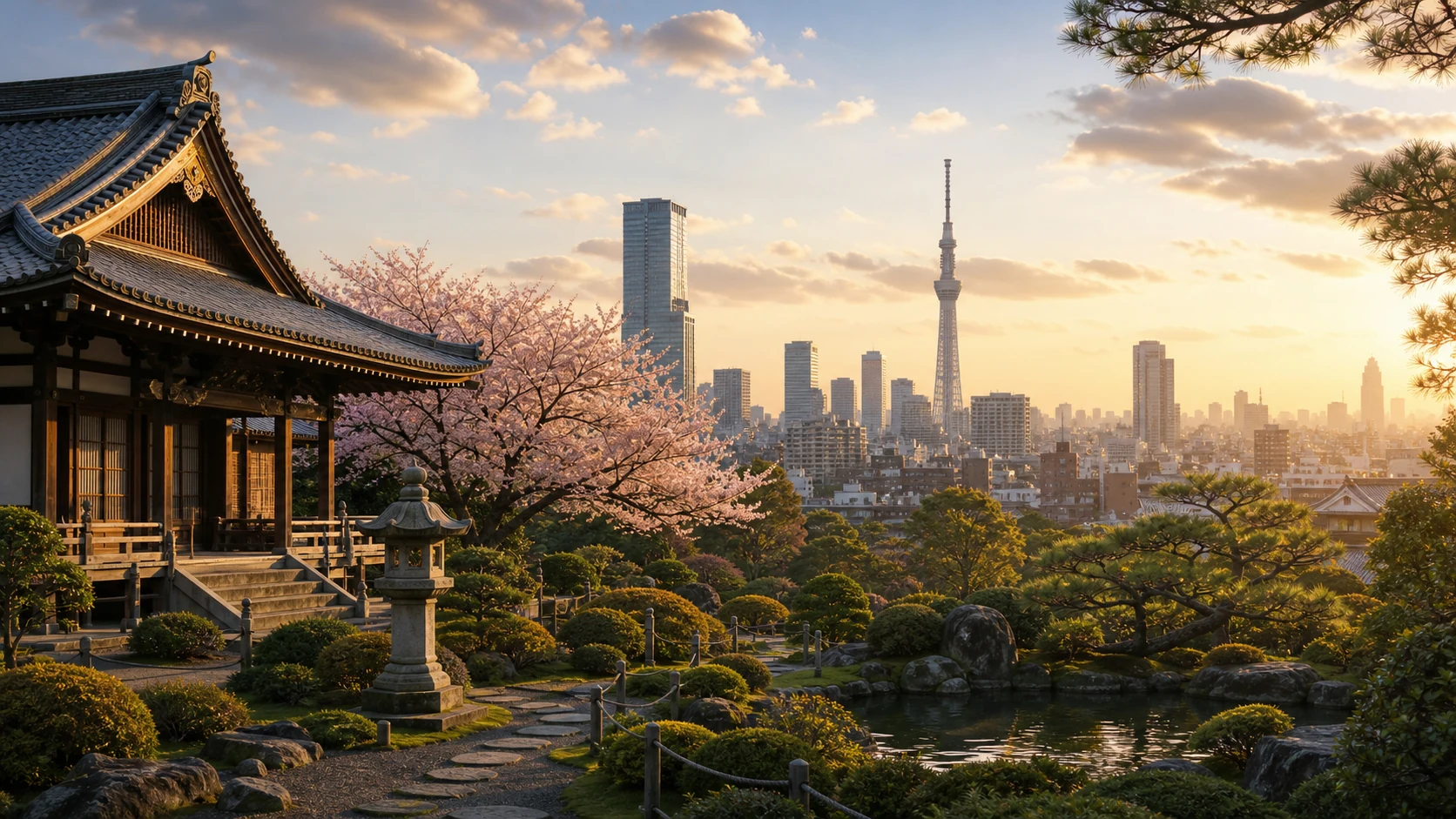 Japanese temple and modern Tokyo skyline, representing Reiki's Japanese origins and current practice