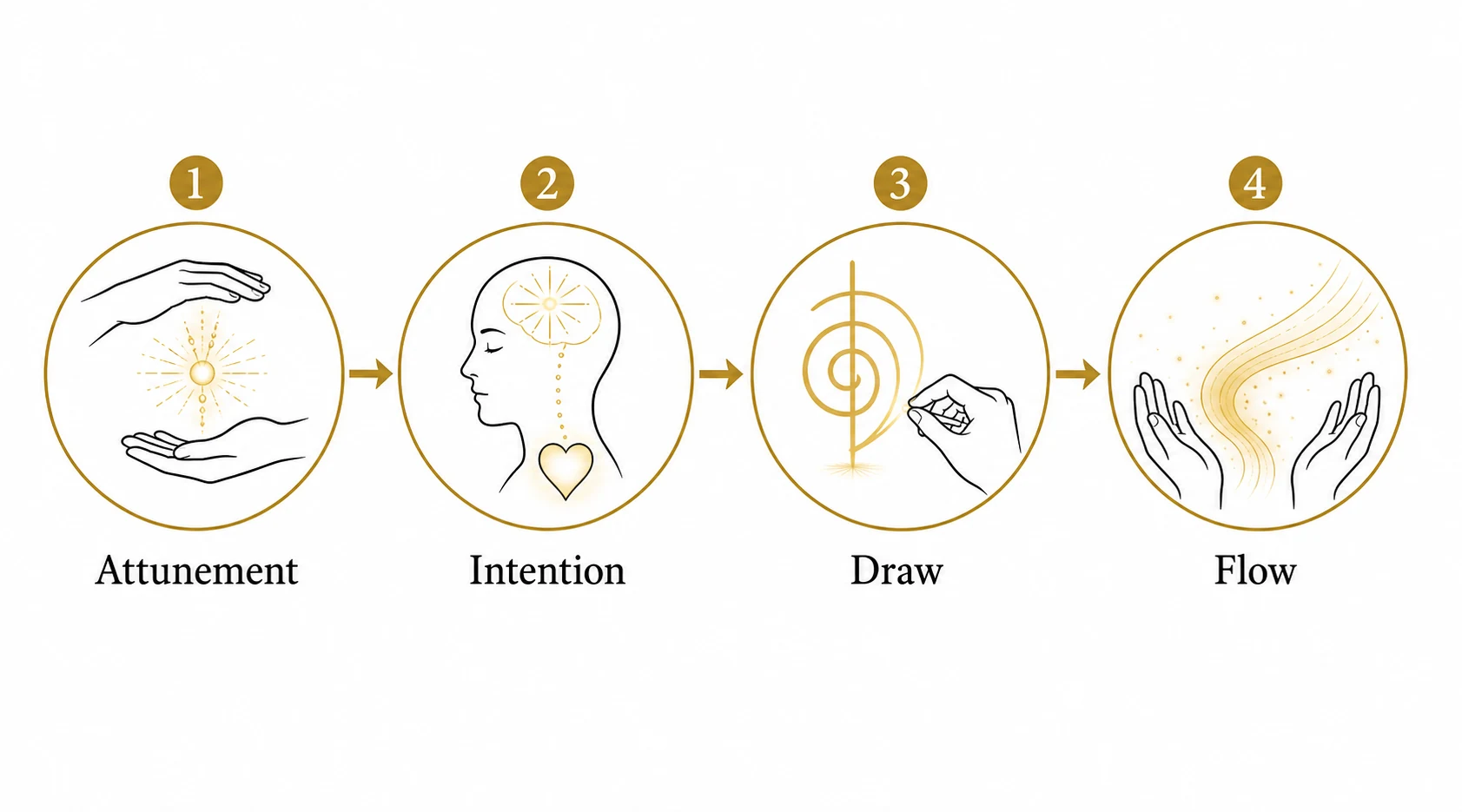 Diagram showing attunement, intention, drawing, naming, and Reiki flow