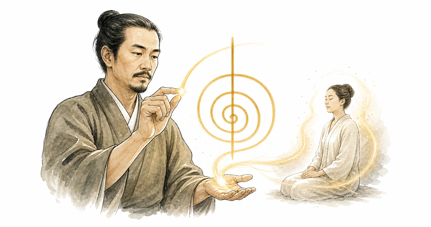 White-background illustration of a Reiki practitioner activating symbols with hand, intention, and light