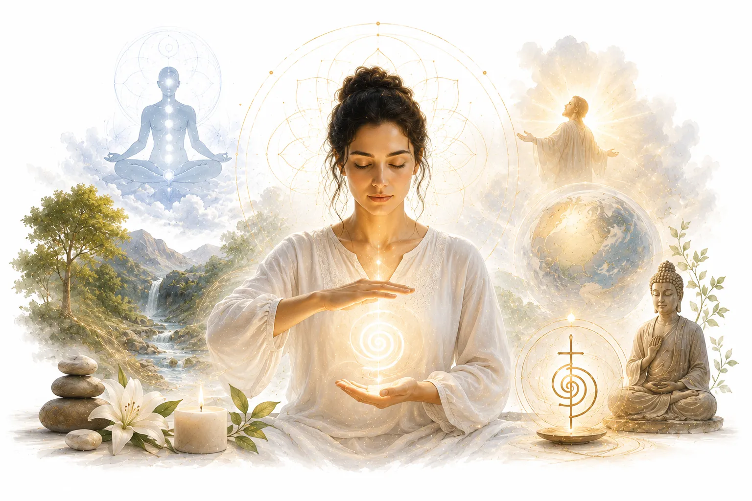 Divine light shining down on gentle healing hands