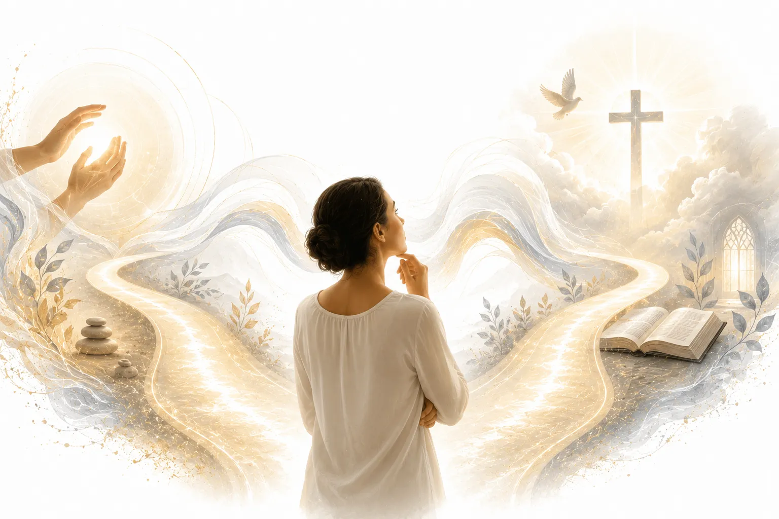 Hands in prayer position with light from above, representing God and Reiki
