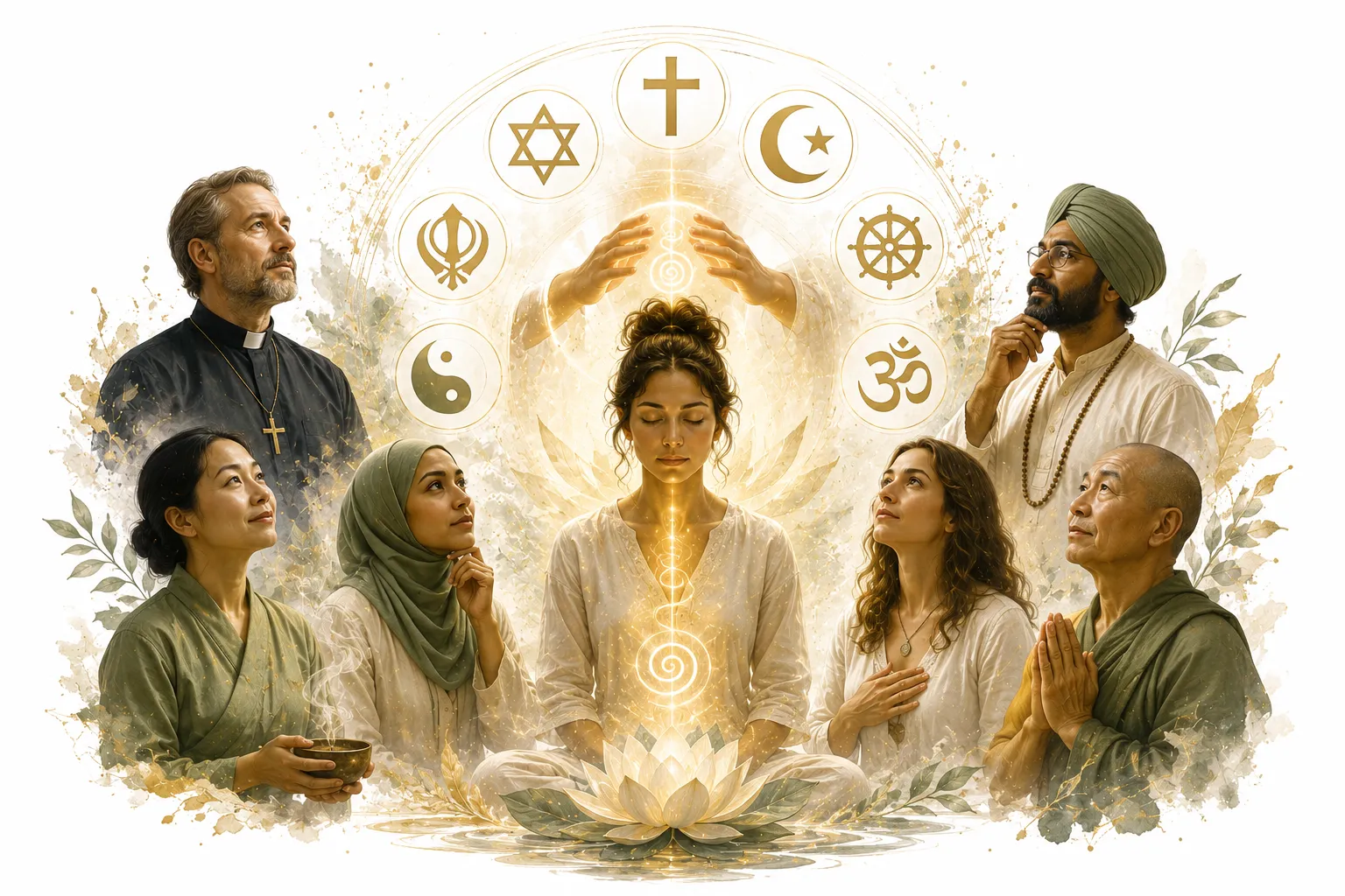 Symbols of different religions (cross, crescent, star of David, dharma wheel) with gentle hands