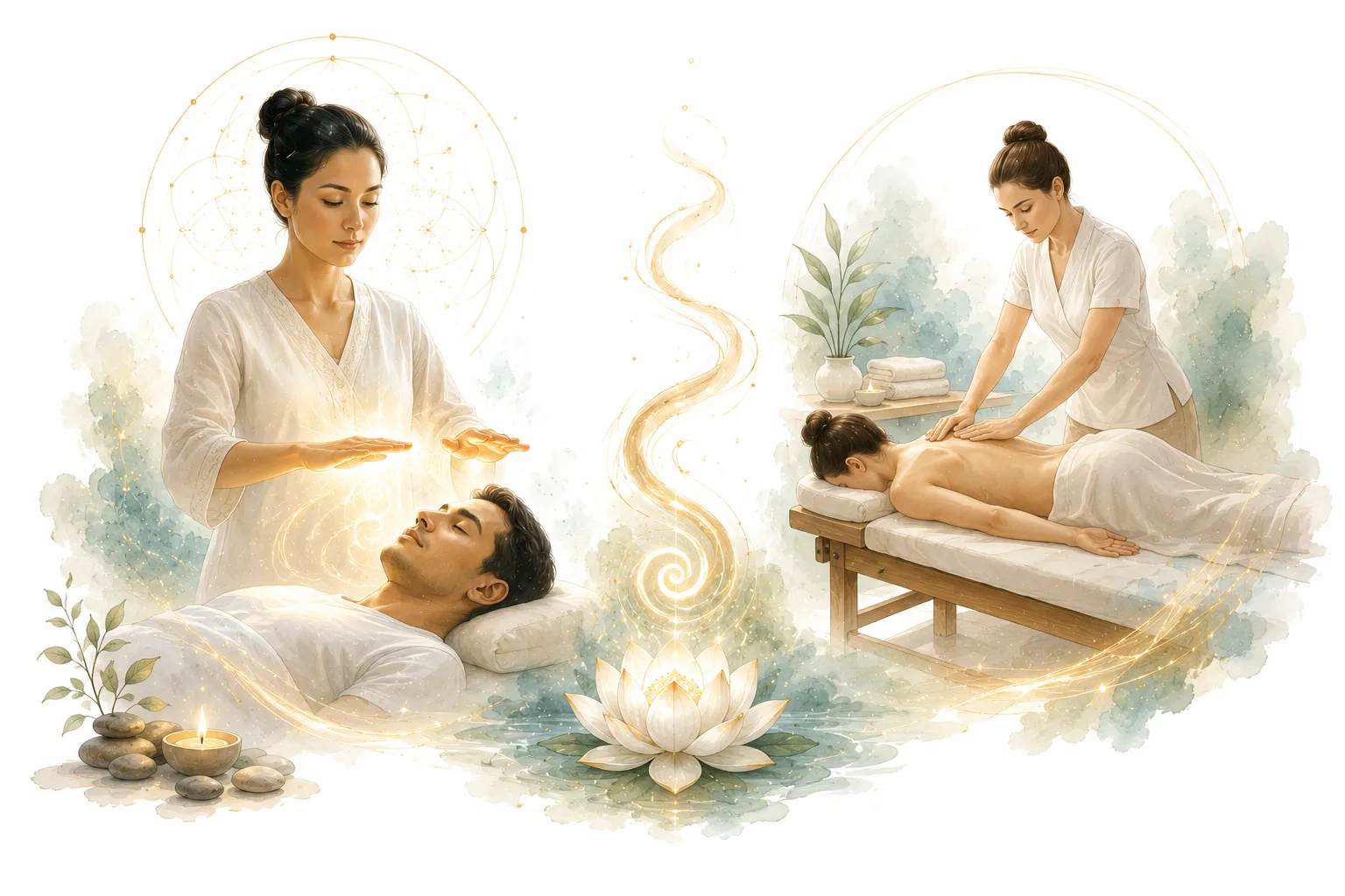 Side by side: Reiki hands resting gently vs massage hands kneading