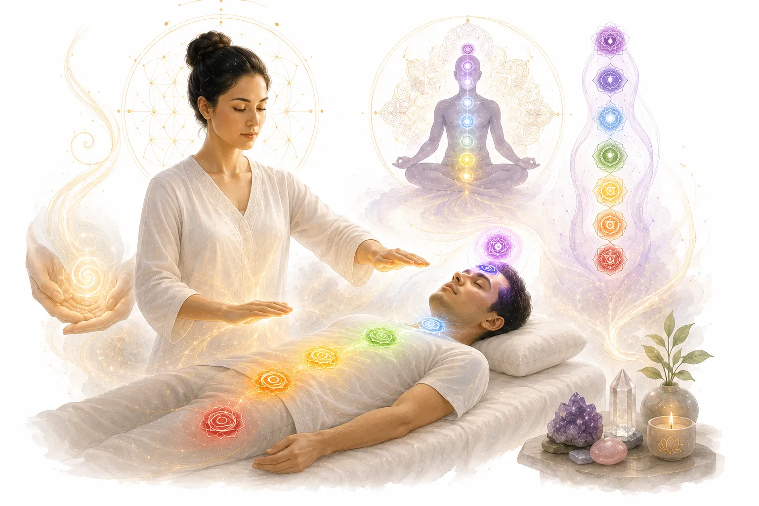 Reiki hands over the seven chakras, showing the connection